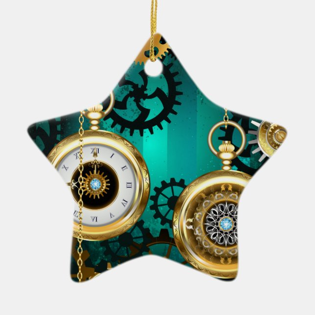 Steampunk Jewellery Watch on a Green Background Ceramic Tree Decoration (Front)