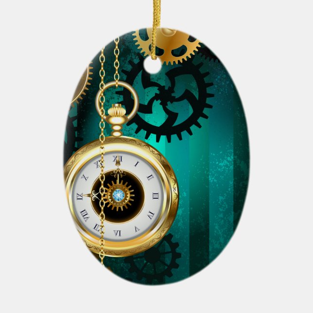 Steampunk Jewellery Watch on a Green Background Ceramic Tree Decoration (Front)