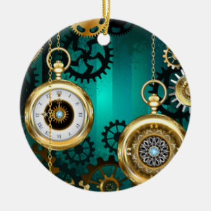 Steampunk Jewellery Watch on a Green Background Ceramic Tree Decoration