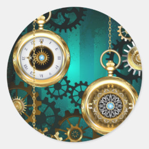 Steampunk Jewellery Watch on a Green Background Classic Round Sticker
