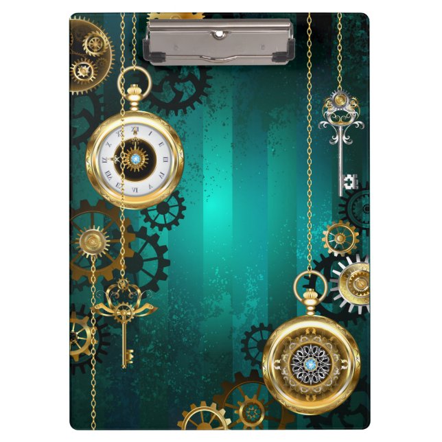 Steampunk Jewellery Watch on a Green Background Clipboard (Front)