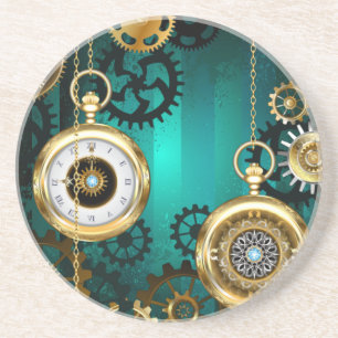 Steampunk Jewellery Watch on a Green Background Coaster