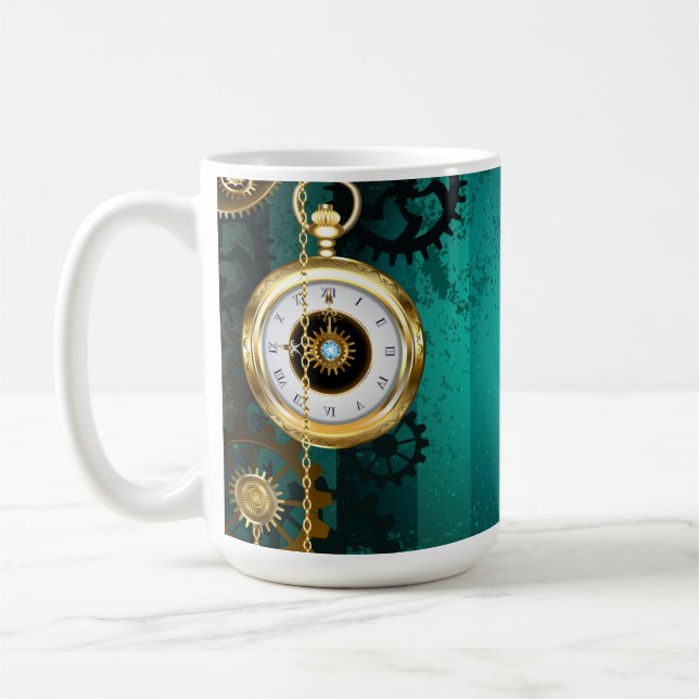 Steampunk Jewellery Watch on a Green Background Coffee Mug (Left)