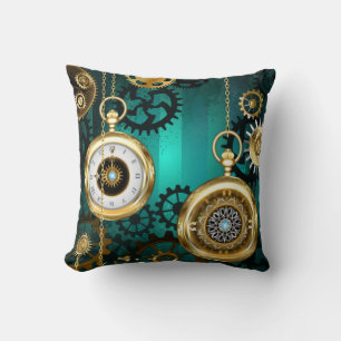 Steampunk Jewellery Watch on a Green Background Cushion