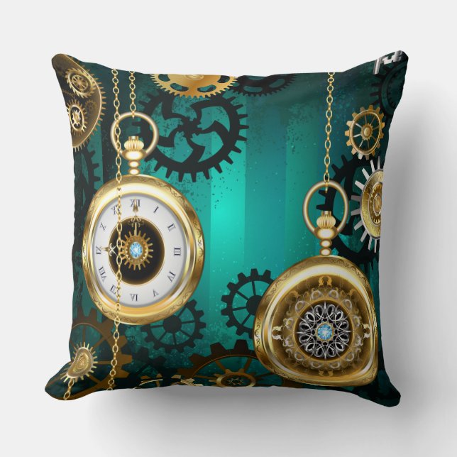 Steampunk Jewellery Watch on a Green Background Cushion (Front)