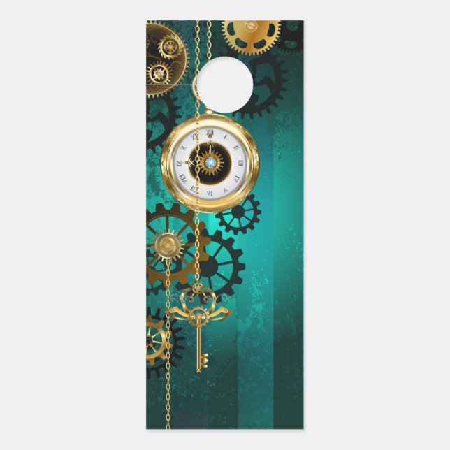Steampunk Jewellery Watch on a Green Background Door Hanger (Front)