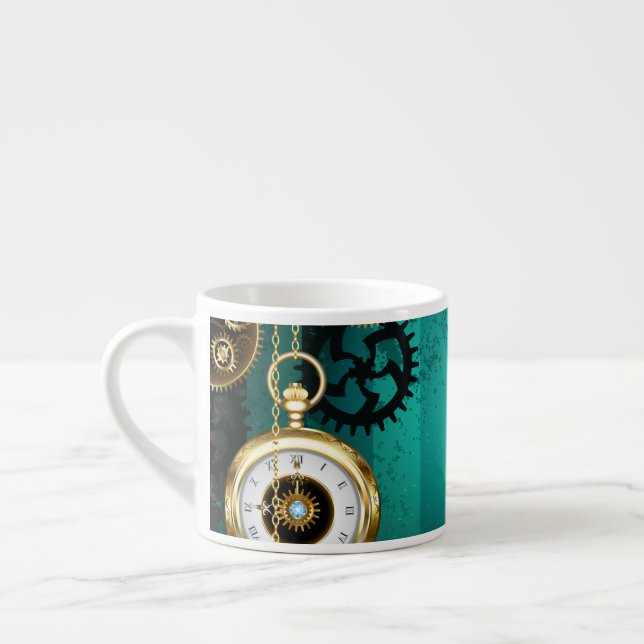 Steampunk Jewellery Watch on a Green Background Espresso Cup (Left)