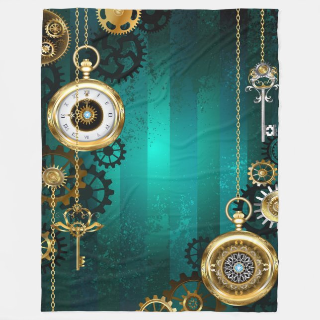Steampunk Jewellery Watch on a Green Background Fleece Blanket (Front)