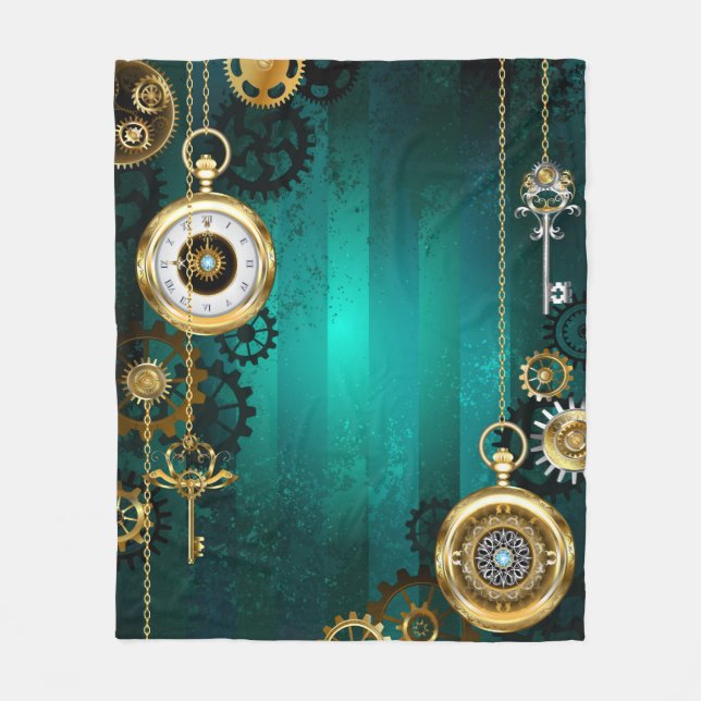 Steampunk Jewellery Watch on a Green Background Fleece Blanket (Front)