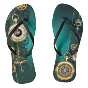 Steampunk Jewellery Watch on a Green Background Flip Flops