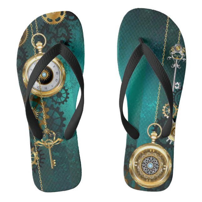 Steampunk Jewellery Watch on a Green Background Flip Flops (Footbed)