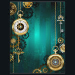 Steampunk Jewellery Watch on a Green Background Flyer<br><div class="desc">Jewellery,  gold watch with a gold chain and keys on a green textural background. Steampunk style.</div>