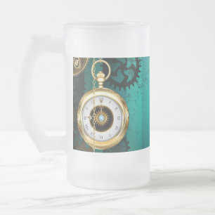Steampunk Jewellery Watch on a Green Background Frosted Glass Beer Mug