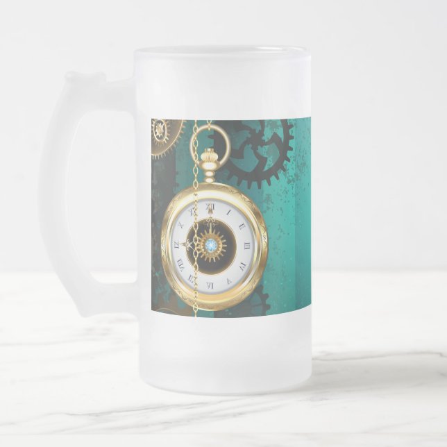 Steampunk Jewellery Watch on a Green Background Frosted Glass Beer Mug (Left)