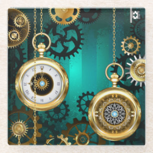 Steampunk Jewellery Watch on a Green Background Glass Coaster