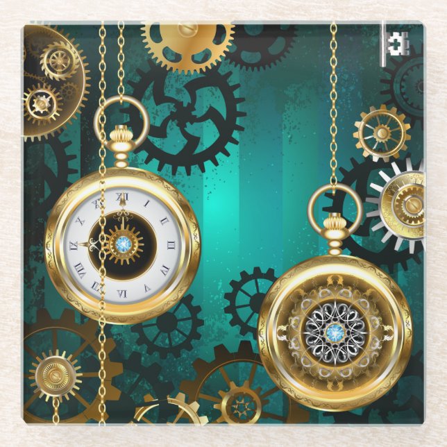 Steampunk Jewellery Watch on a Green Background Glass Coaster (Front)