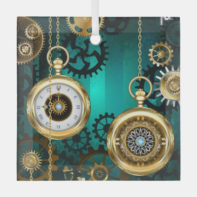 Steampunk Jewellery Watch on a Green Background Glass Tree Decoration (Front)