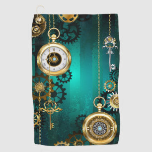 Steampunk Jewellery Watch on a Green Background Golf Towel
