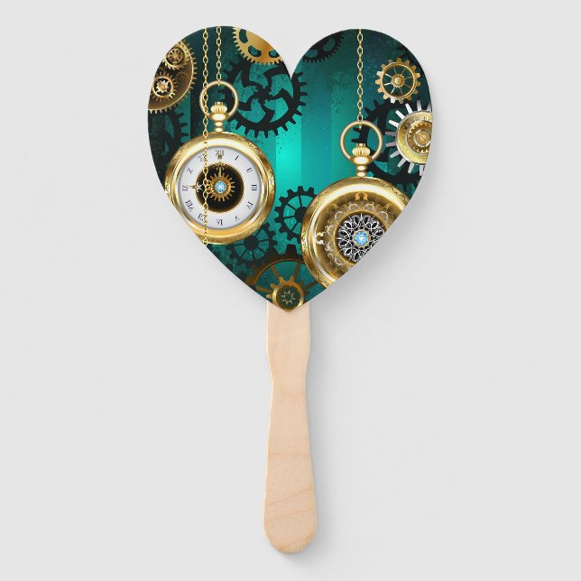 Steampunk Jewellery Watch on a Green Background Hand Fan (Front)