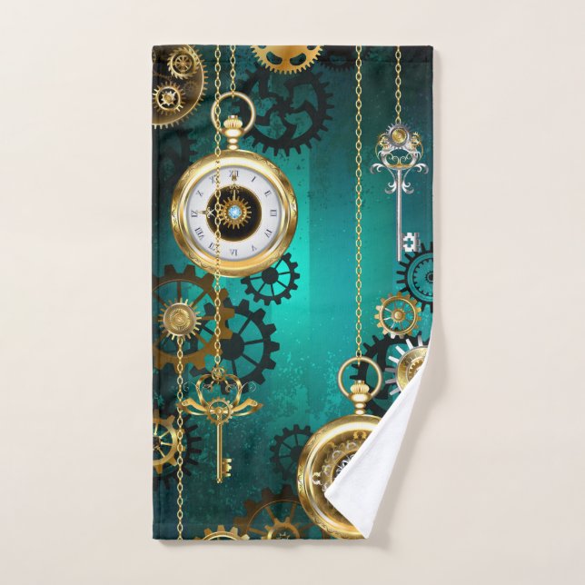 Steampunk Jewellery Watch on a Green Background Hand Towel (Hand Towel)