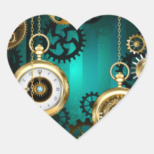Steampunk Jewellery Watch on a Green Background Heart Sticker