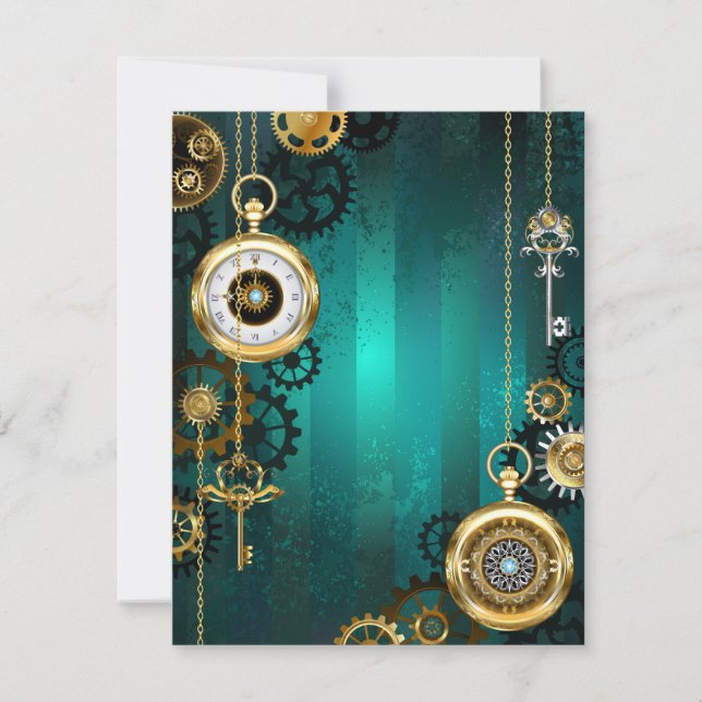 Steampunk Jewellery Watch on a Green Background Holiday Card (Front)