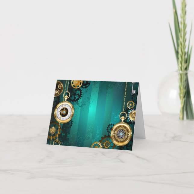 Steampunk Jewellery Watch on a Green Background Holiday Card (Front)