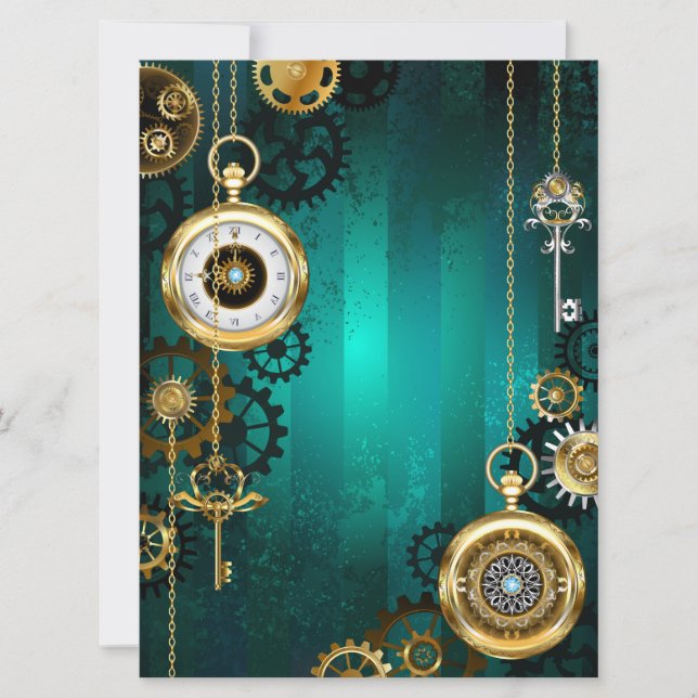 Steampunk Jewellery Watch on a Green Background Holiday Card (Front)