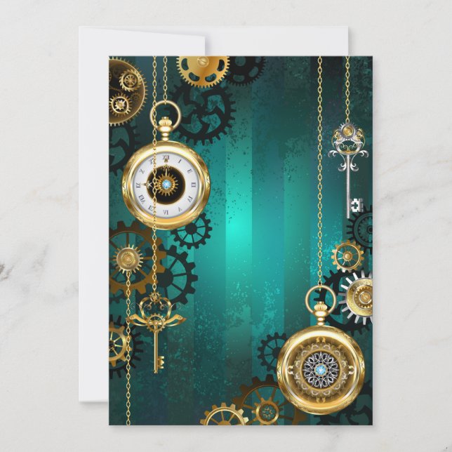 Steampunk Jewellery Watch on a Green Background Holiday Card (Front)