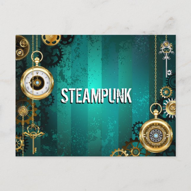 Steampunk Jewellery Watch on a Green Background Holiday Postcard (Front)