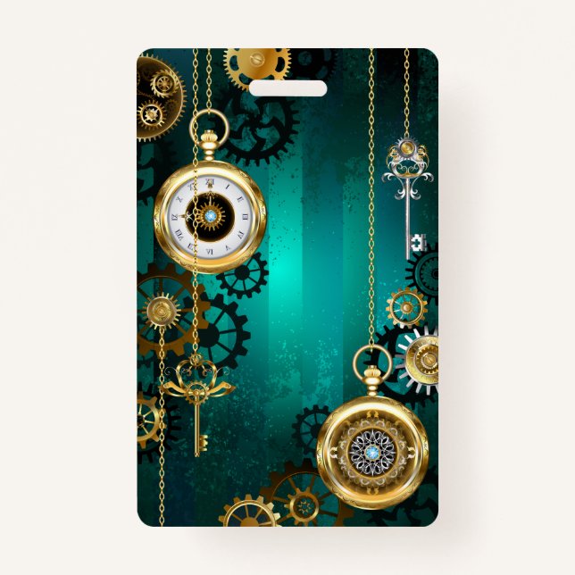 Steampunk Jewellery Watch on a Green Background ID Badge (Front)