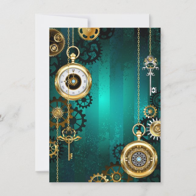 Steampunk Jewellery Watch on a Green Background Invitation (Front)