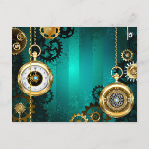 Steampunk Jewellery Watch on a Green Background Invitation Postcard