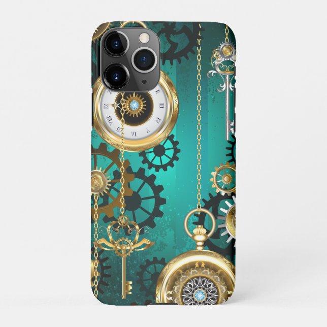 Steampunk Jewellery Watch on a Green Background iPhone Case (Back)