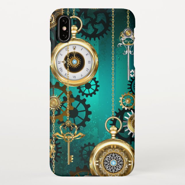 Steampunk Jewellery Watch on a Green Background iPhone Case (Back)