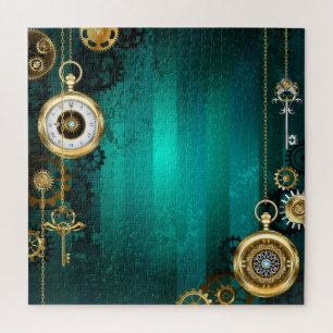 Steampunk Jewellery Watch on a Green Background Jigsaw Puzzle