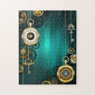 Steampunk Jewellery Watch on a Green Background Jigsaw Puzzle