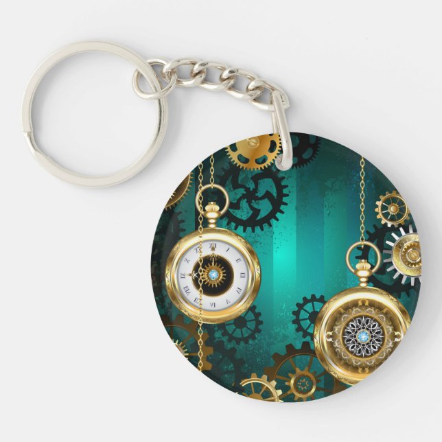 Steampunk Jewellery Watch on a Green Background Key Ring (Front)