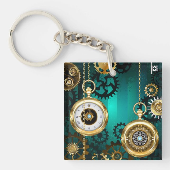 Steampunk Jewellery Watch on a Green Background Key Ring (Front)
