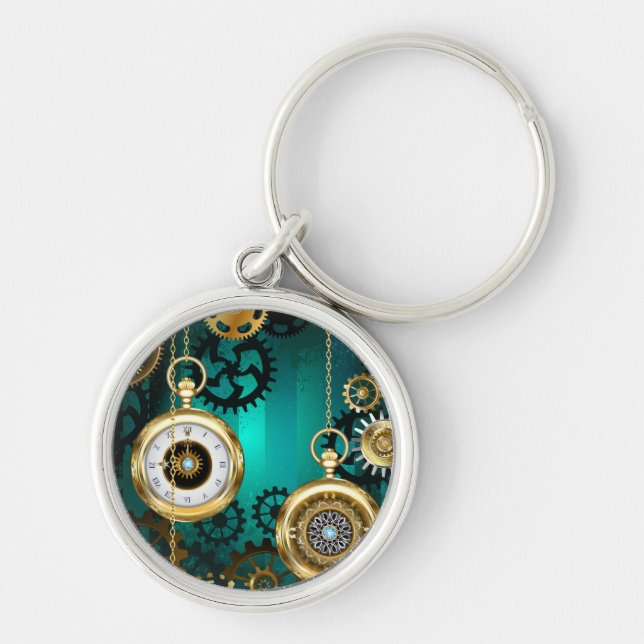 Steampunk Jewellery Watch on a Green Background Key Ring (Front)