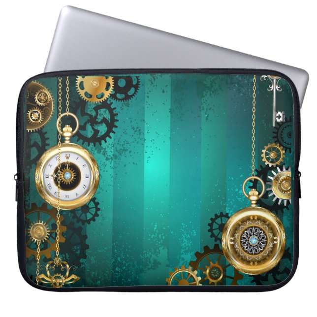 Steampunk Jewellery Watch on a Green Background Laptop Sleeve (Front)