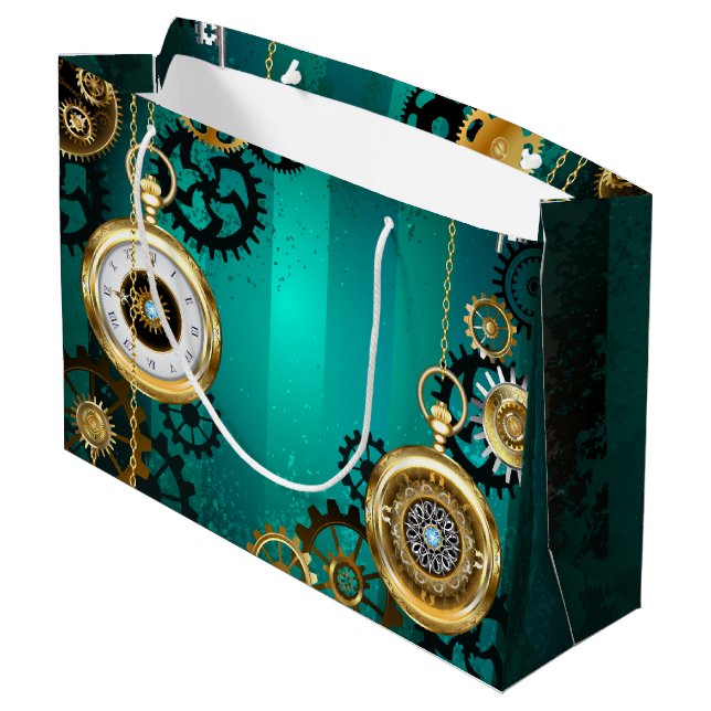 Steampunk Jewellery Watch on a Green Background Large Gift Bag (Back Angled)