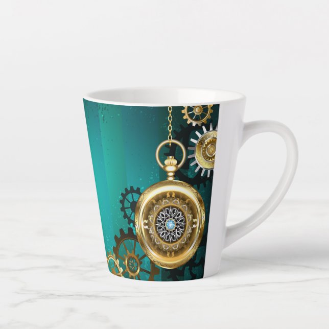 Steampunk Jewellery Watch on a Green Background Latte Mug (Right)