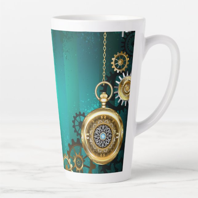 Steampunk Jewellery Watch on a Green Background Latte Mug (Right)