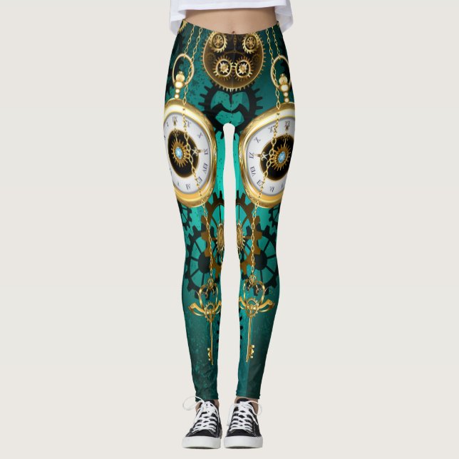 Steampunk Jewellery Watch on a Green Background Leggings (Front)