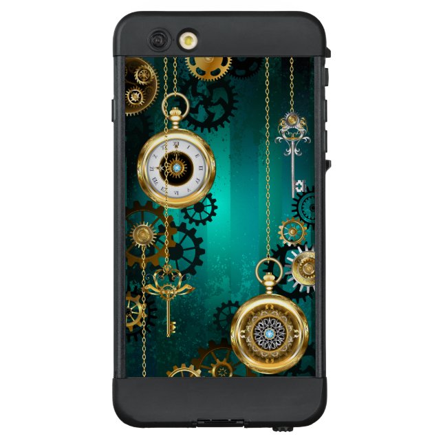 Steampunk Jewellery Watch on a Green Background LifeProof iPhone Case (Back)