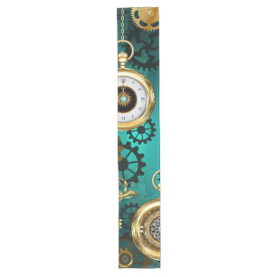 Steampunk Jewellery Watch on a Green Background Long Table Runner