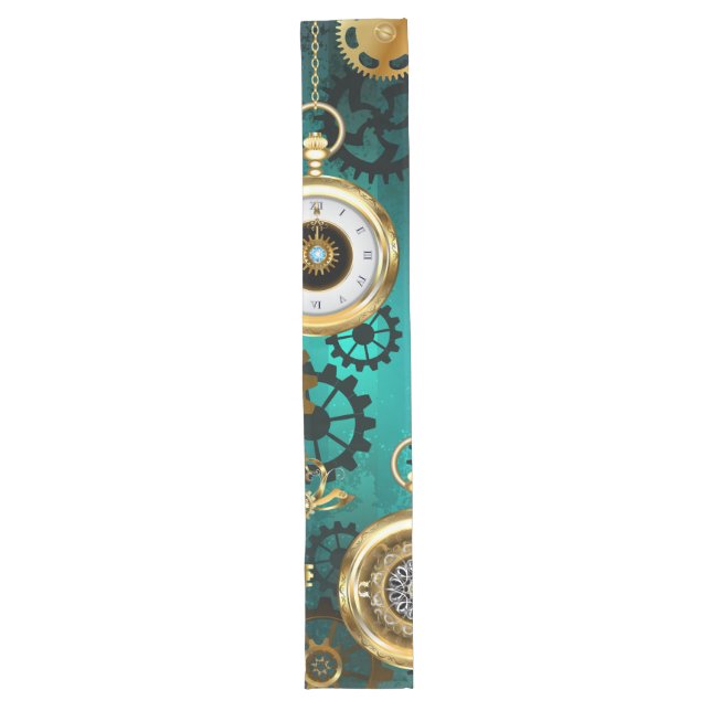 Steampunk Jewellery Watch on a Green Background Long Table Runner (Front)