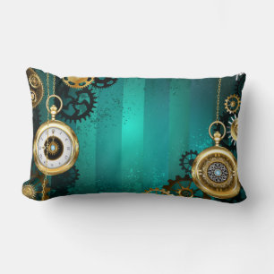Steampunk Jewellery Watch on a Green Background Lumbar Cushion