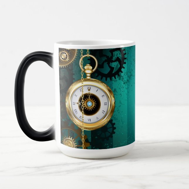 Steampunk Jewellery Watch on a Green Background Magic Mug (Left)